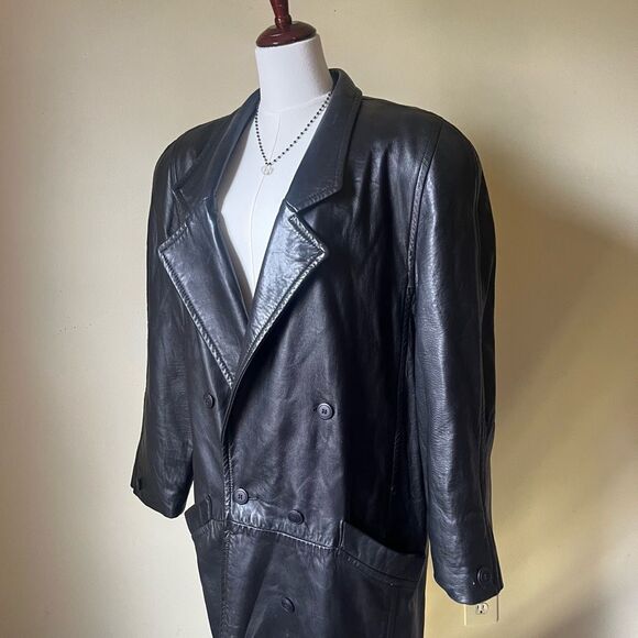 Vintage 80s 90s Black Leather Maxi Trench Coat USA Y2K Goth Matrix Grunge Sz 10 - Picture 9 of 11